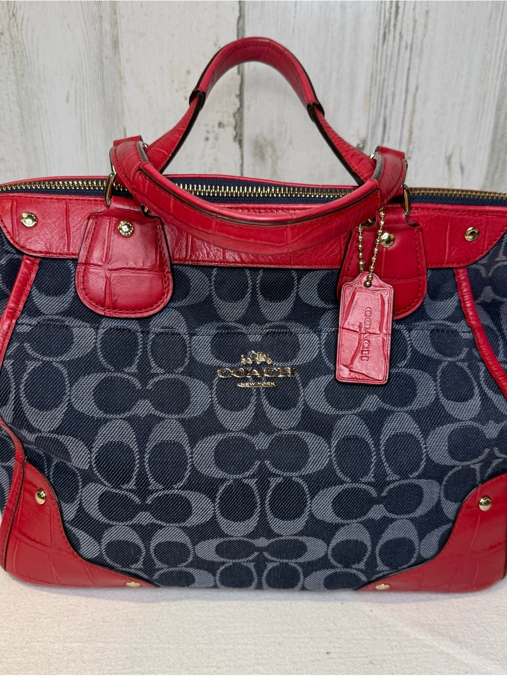 Coach Mickey Denim Satchel with Red Croc Embossed Leather Trim ‼️Dropping Soon‼️ - Picture 3 of 3